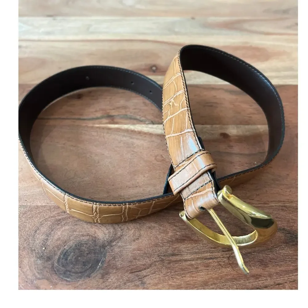 Vintage 90's brown croc-embossed leather belt S gold-toned brass buckle Italian